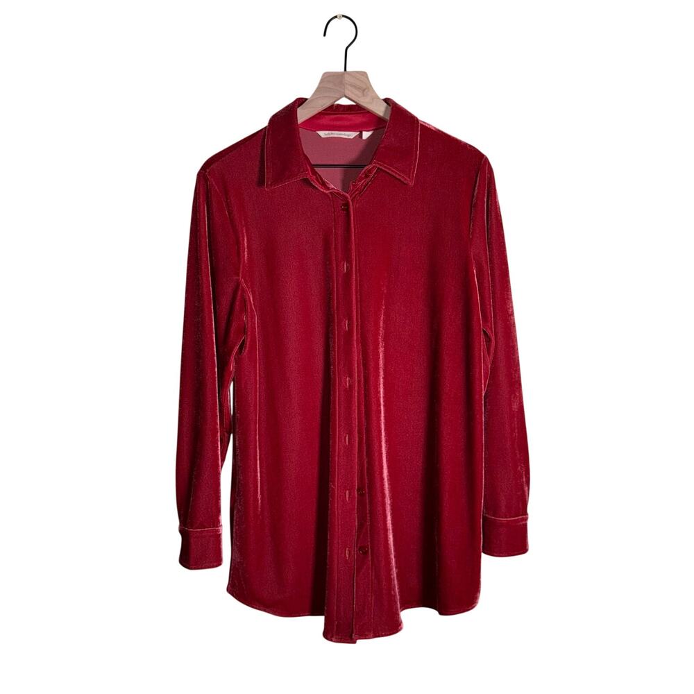 SOFT SURROUNDINGS holiday velvet cherry red long sleeve button up party shirt S